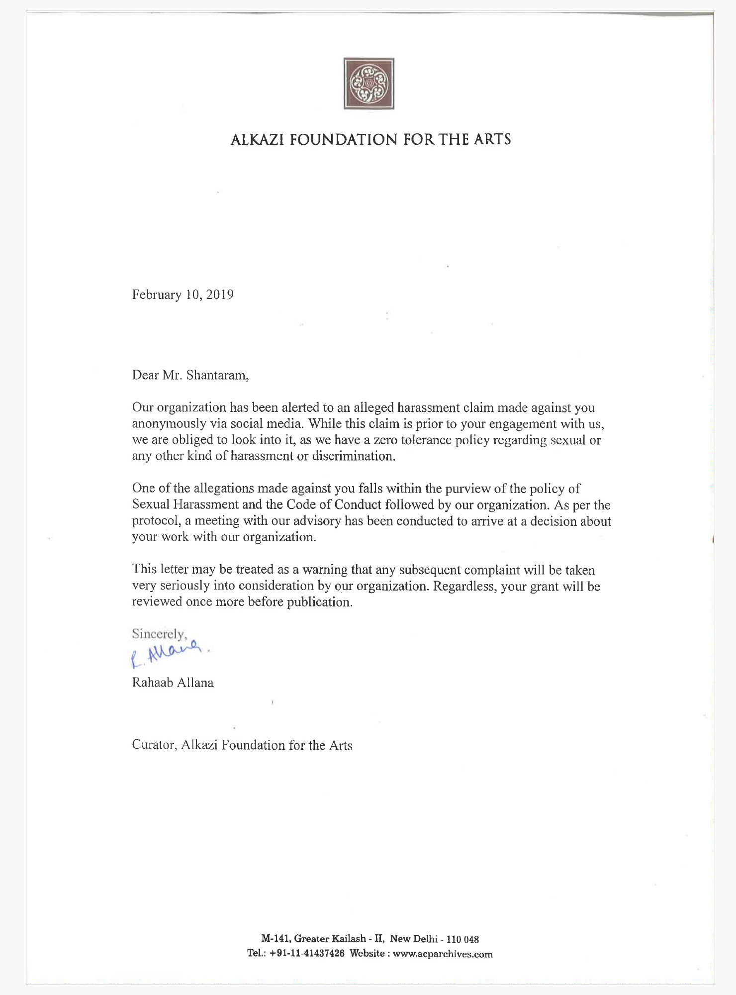 Letter of Reprimand from Rahaab Allana on behalf of the Alkazi Foundation